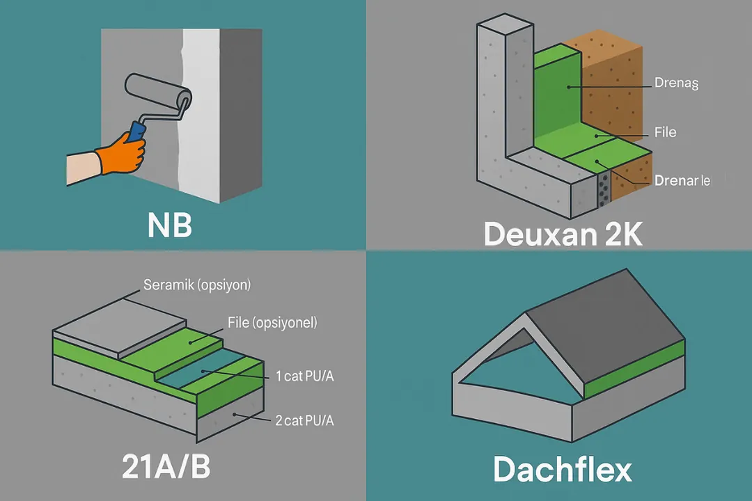 .KÖSTER sürme izolasyon ürün ailesi – NB Sistem, Deuxan 2K, 21A/B poliüretan, Dachflex çatı membranı – kategori tanıtım görseli.
