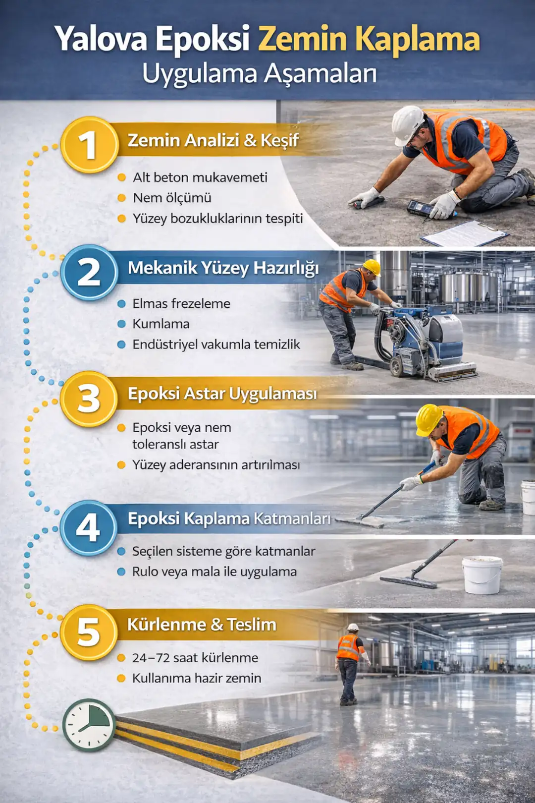 Yalova epoksi zemin kaplama uygulama aşamaları; zemin hazırlığı, astar, epoksi kaplama ve kürlenme&nbsp;