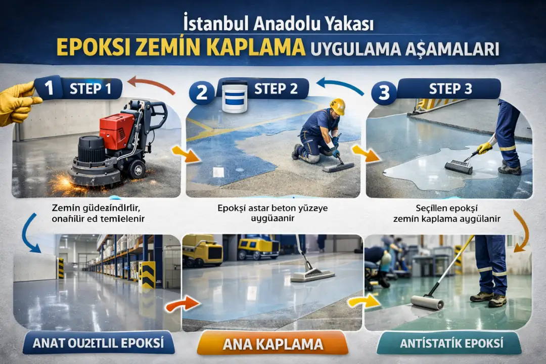 İstanbul Anadolu Yakası epoksi zemin uygulama aşamaları; yüzey hazırlığı, astar, epoksi kaplama, kürlenme ve son kontrol adımları.&nbsp;