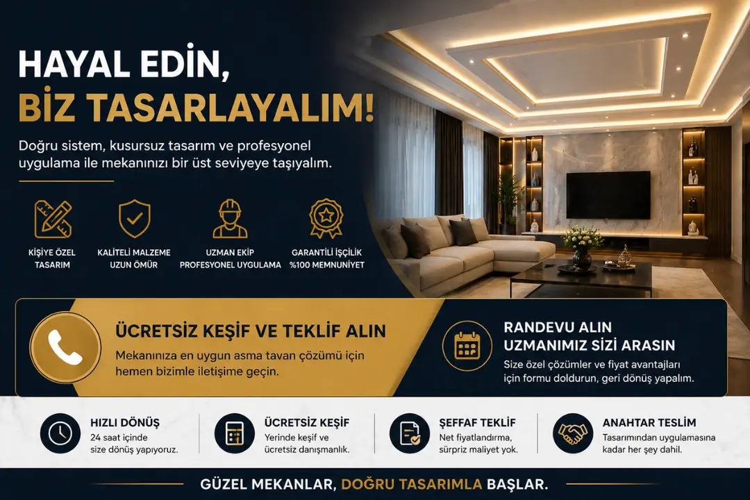 Salon asma tavan uygulaması sonrası modern aydınlatmalı dekoratif tavan görünümü