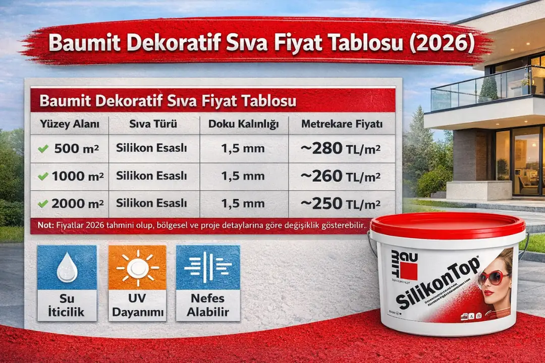 Baumit dekoratif sıva fiyat tablosu 2026 – silikon esaslı dış cephe sıva m² fiyatları ve uygulama detayları&nbsp;