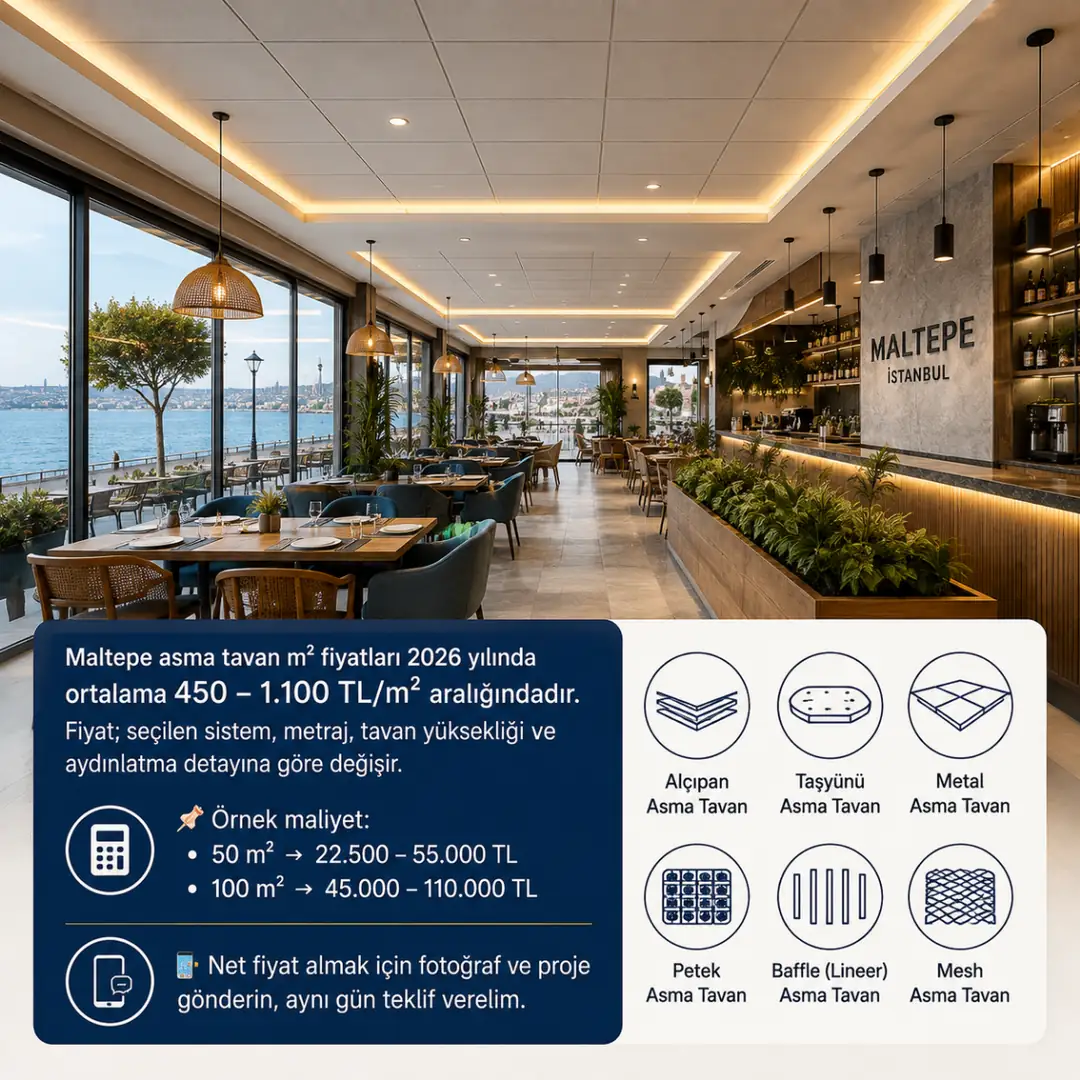 Maltepe sahilinde modern kafe ve restoran iç mekânında uygulanan asma tavan sistemi, LED aydınlatmalı dekoratif tavan tasarımı ve 2026 m² fiyat bilgileri.&nbsp;