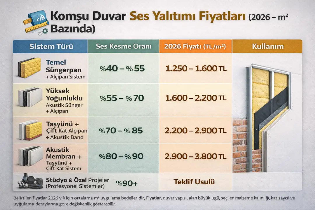“Komşu duvar ses yalıtımı fiyat tablosu 2026 – sistemler, m² maliyetleri ve ses kesme oranları”&nbsp;