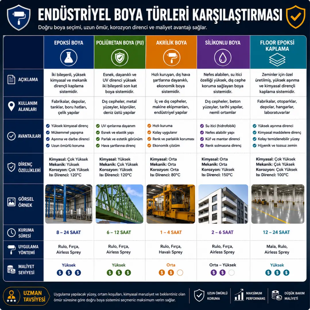 Akrilik silikonlu epoksi poliüretan ve polyurea boya sistemleri karşılaştırma görseli&nbsp;