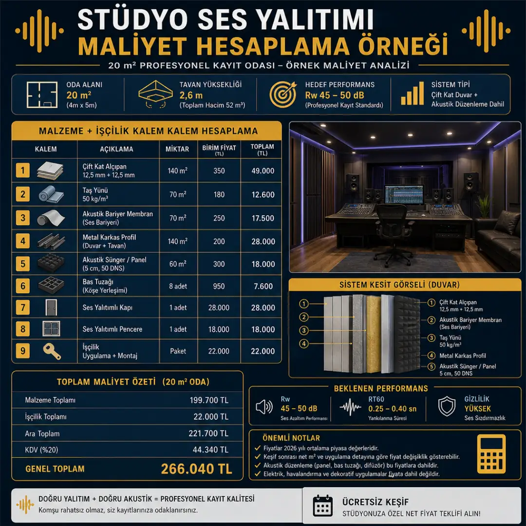 Stüdyo ses yalıtımı maliyet hesaplama örneği 20 m2 oda toplam fiyat analizi&nbsp;