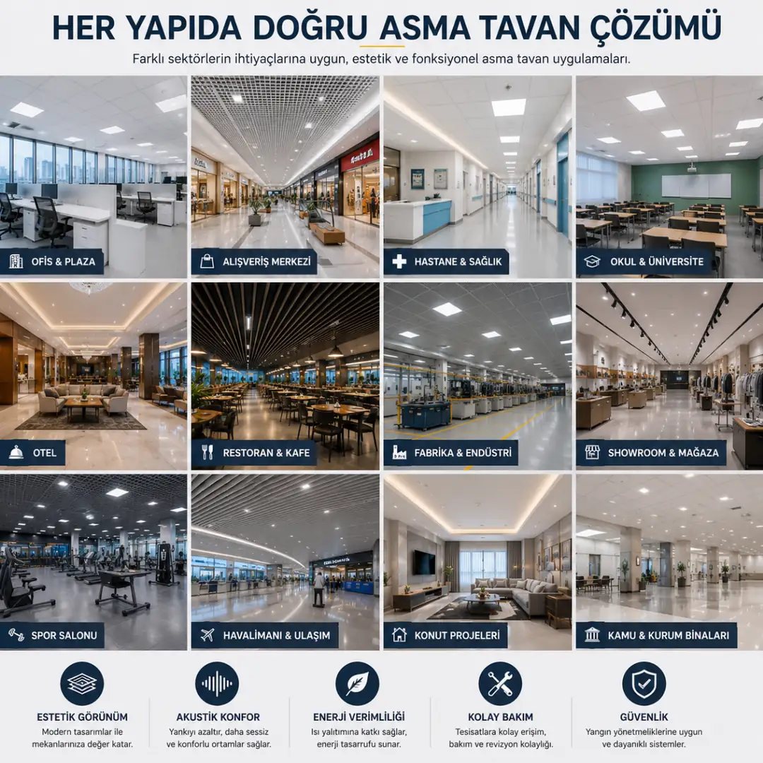 Asma tavan uygulamalarının ofis, hastane, AVM, okul, otel ve fabrika gibi farklı kullanım alanları
