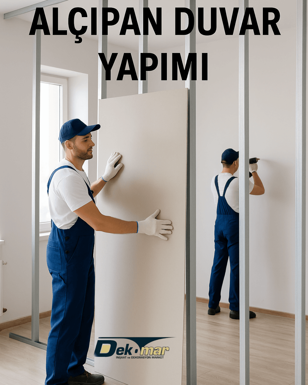 Alçıpan Duvar Yapımı sırasında ustalar, metal profiller üzerine ev içi bölme için kuru sistem levha montajı uyguluyor. 