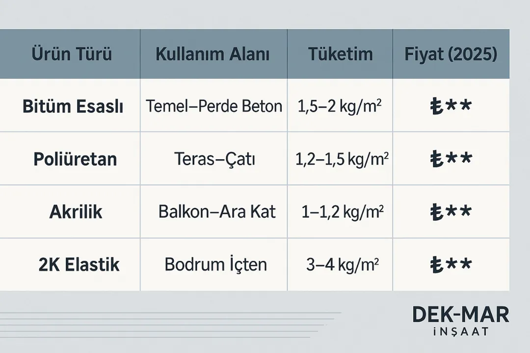 “Bitüm, poliüretan, akrilik ve 2K likit membran fiyat tablosu”