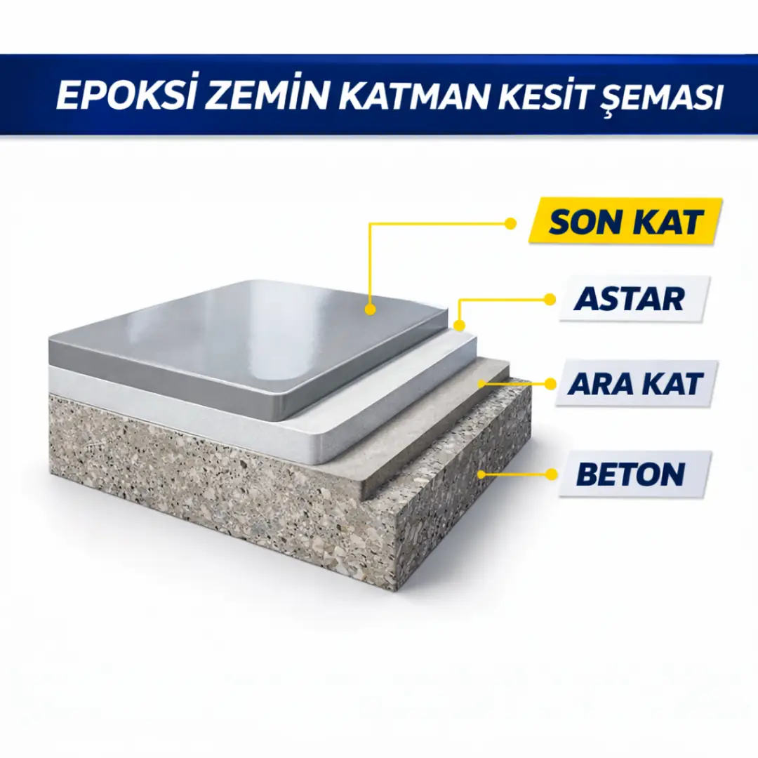 Epoksi zemin kaplama katman kesit şeması beton astar ara kat ve son kat teknik gösterim