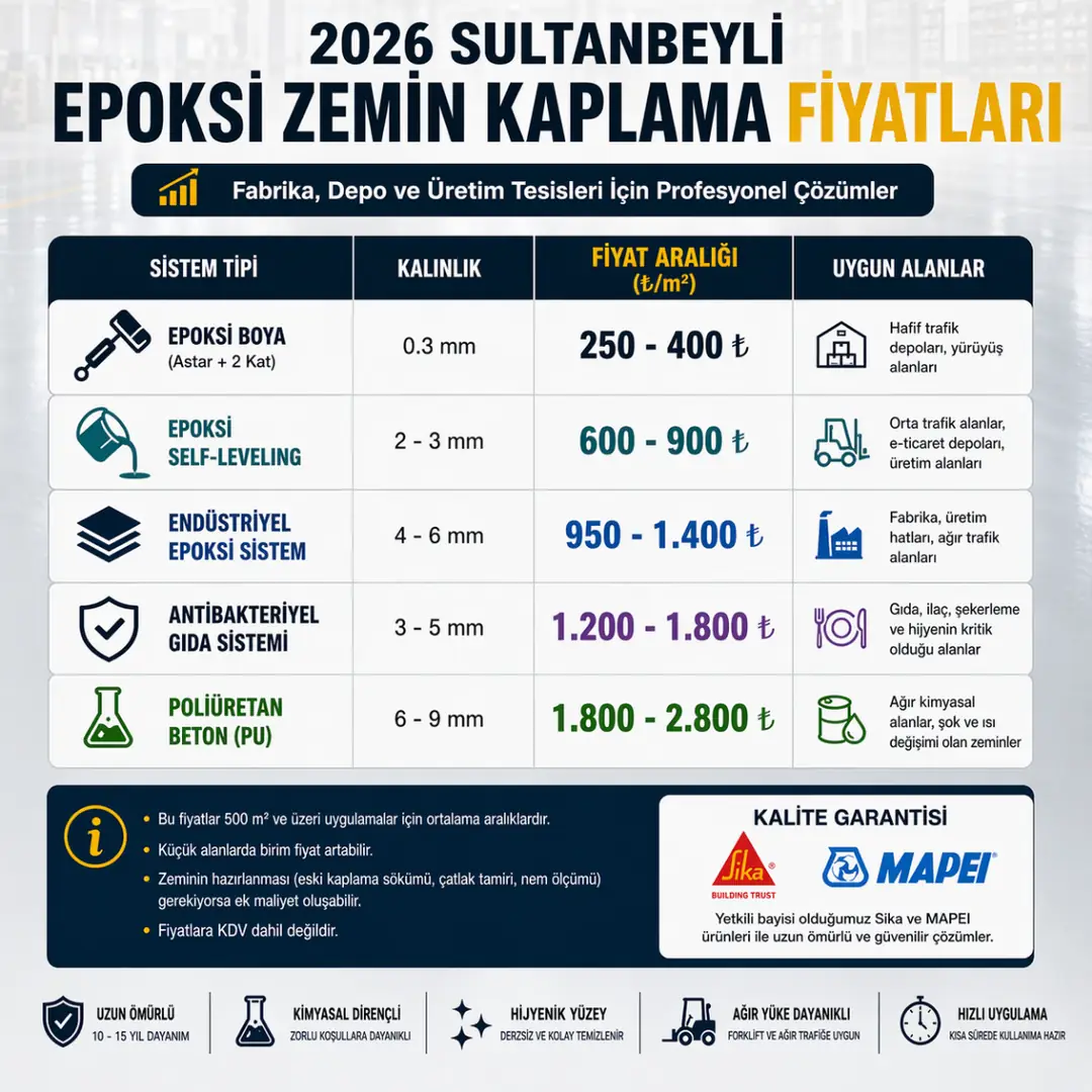 Sultanbeyli epoksi zemin kaplama fiyatları 2026 m2 fiyat tablosu endüstriyel epoksi sistem maliyet karşılaştırması&nbsp;