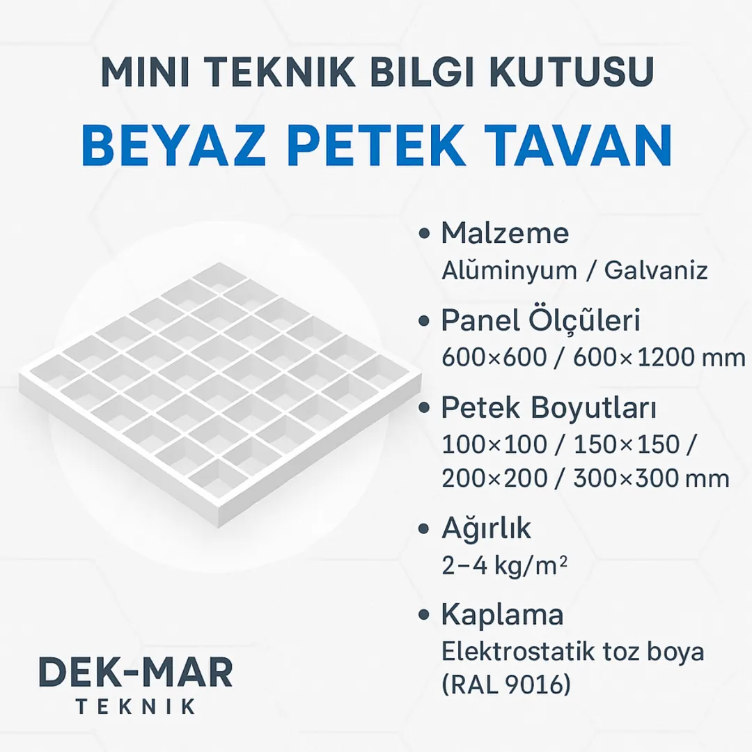 Beyaz petek tavan teknik özellikler – ölçüler, malzeme, kullanım ömrü – Dek-Mar Teknik.
