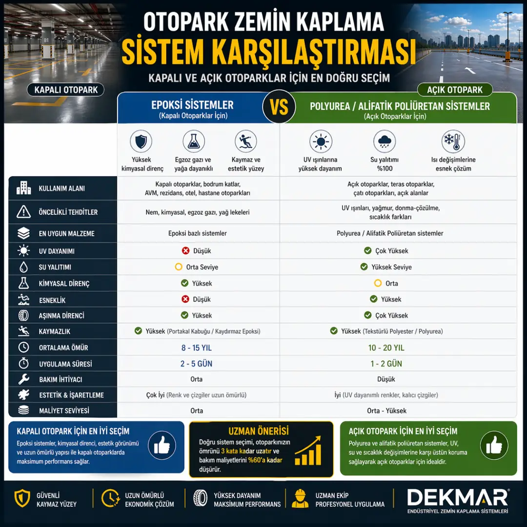 Epoksi ve polyurea zemin kaplama sistemleri karşılaştırması açık ve kapalı otopark farkları&nbsp;