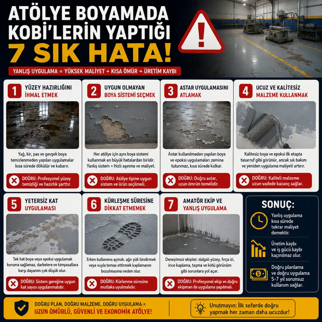 Yanlış boya uygulaması nedeniyle dökülen epoksi ve hasarlı atölye duvar yüzeyleri&nbsp;