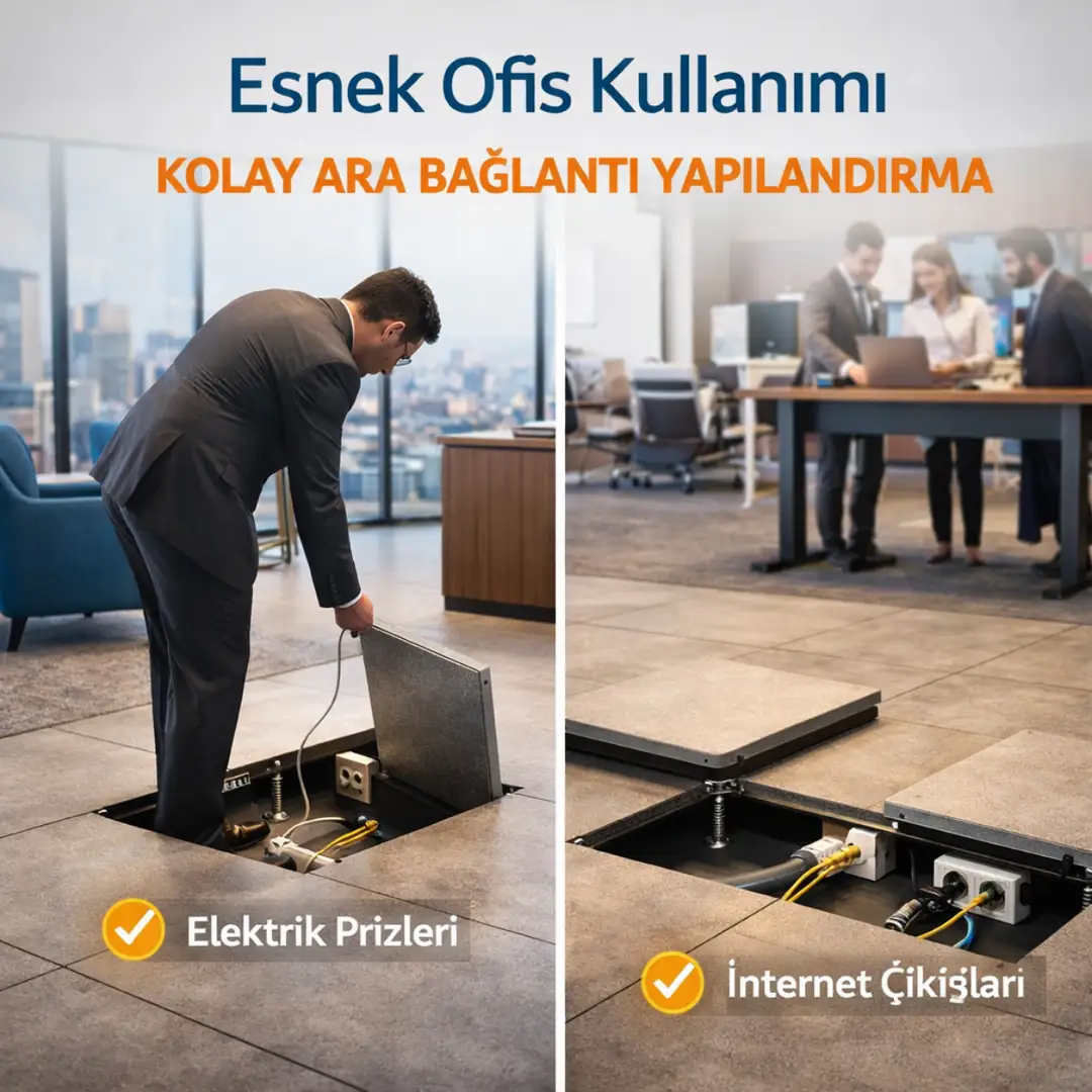 Yükseltilmiş döşeme ile esnek ofis düzeni değiştirilebilir çalışma alanı planlaması