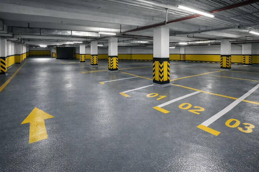 Otopark epoksi zemin renkleri, yönlendirme çizgileri ve park alanı numaralandırma uygulaması