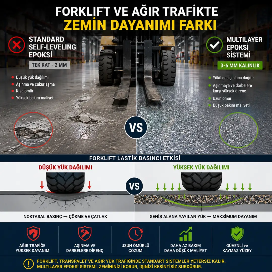 Forklift trafiğine dayanıklı multilayer epoksi zemin sistemi&nbsp;