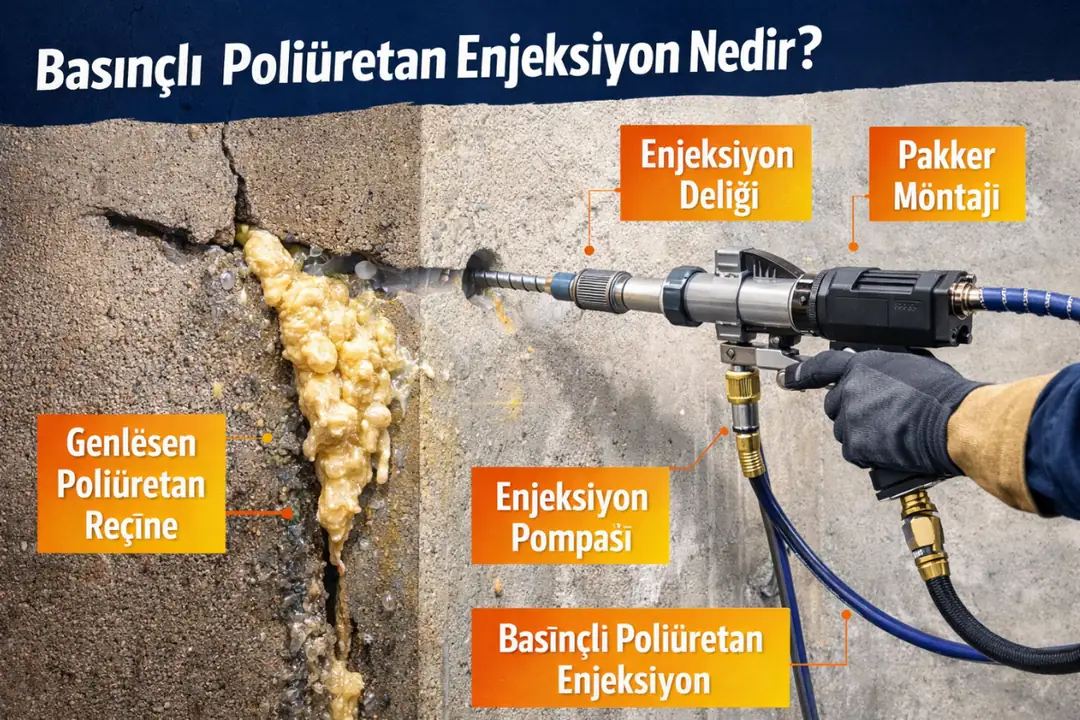 Basınçlı poliüretan enjeksiyon nedir sorusuna yanıt veren, çatlaklara uygulanan genleşen poliüretan reçinenin şematik ve uygulamalı anlatımı