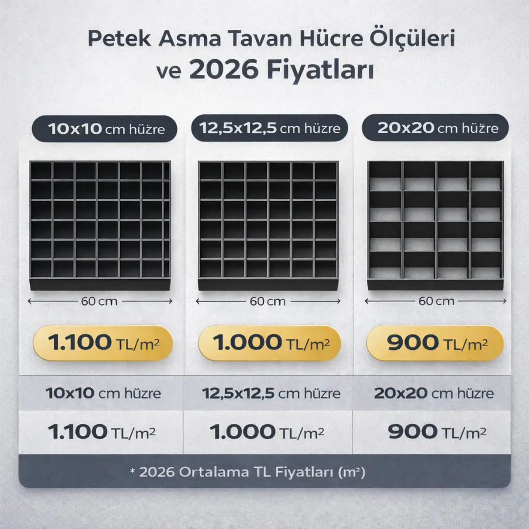 Petek asma tavan hücre ölçüleri 50x50 60x60 100x100 fiyat karşılaştırma teknik görünüm&nbsp;