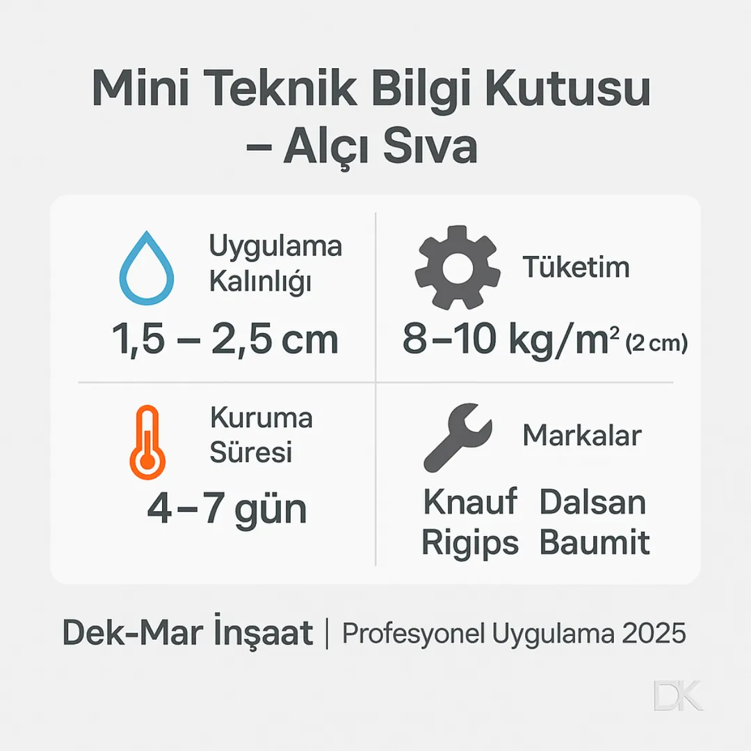 Alçı sıva teknik bilgi kutusu – Dek-Mar İnşaat 2025 profesyonel bilgi görseli