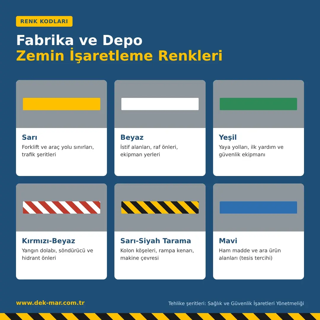 Fabrika ve depo zemin işaretleme renk kodları sarı beyaz yeşil kırmızı sarı-siyah tarama&nbsp;