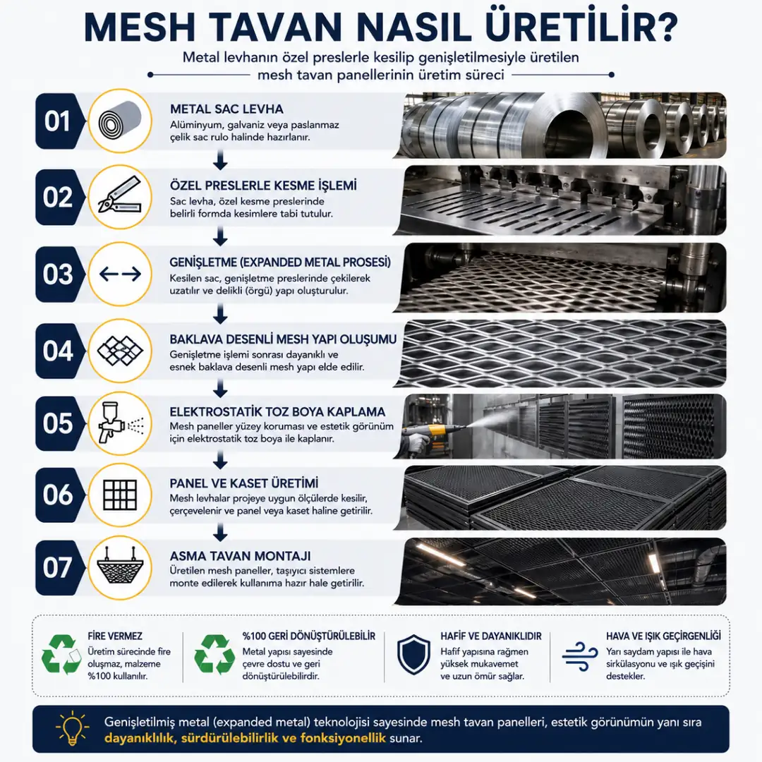 Mesh tavan üretim aşamalarını gösteren metal sacdan genişletilmiş mesh panel üretim süreci şeması&nbsp;