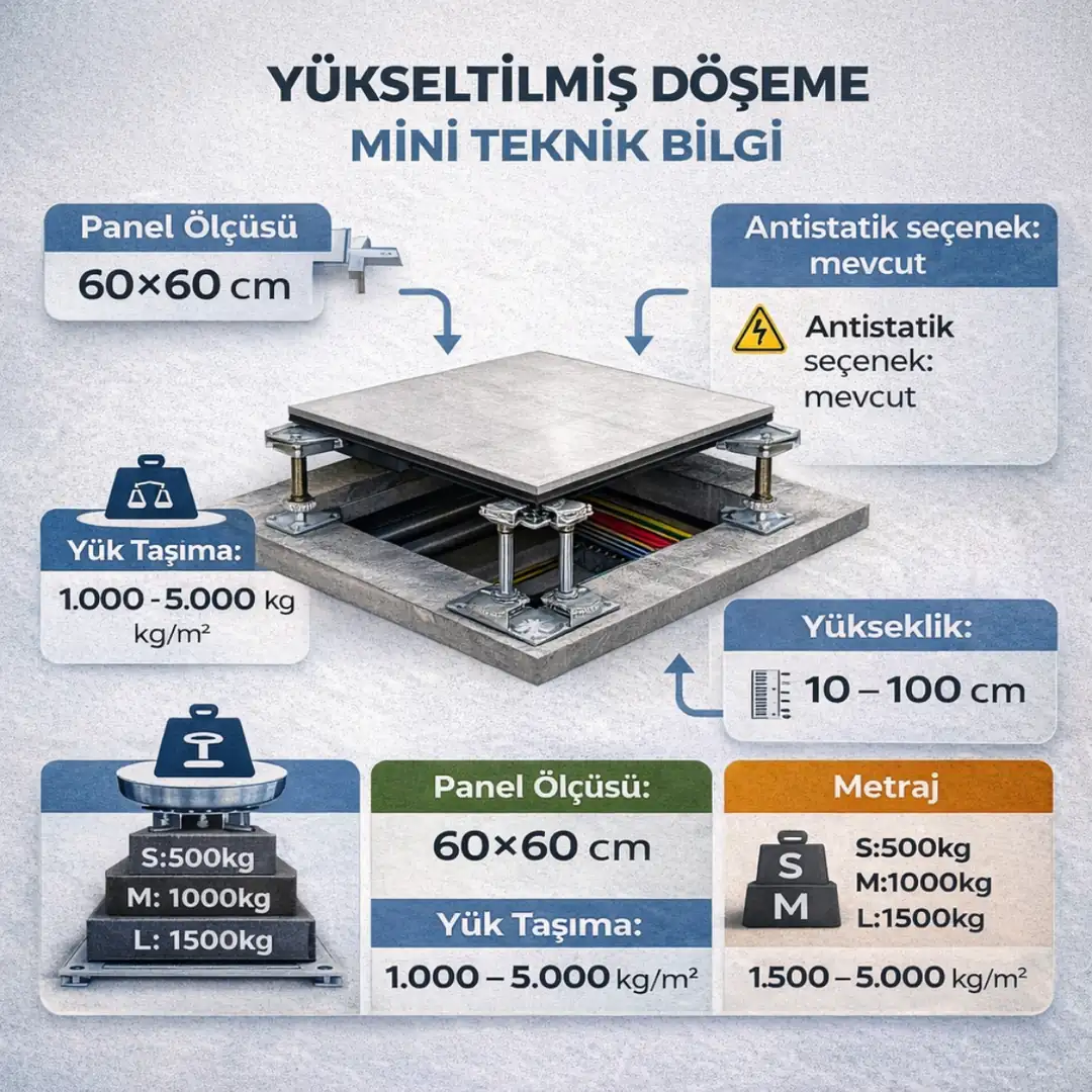 Yükseltilmiş döşeme teknik özellikleri panel ölçüsü yük taşıma kapasitesi ve sistem detayları&nbsp;