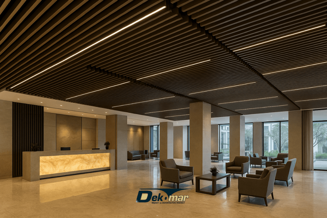 Modern bir otel lobi alanında kullanılan baffle asma tavan sistemi, LED aydınlatmalarla şık ve akustik bir atmosfer sunuyor. 