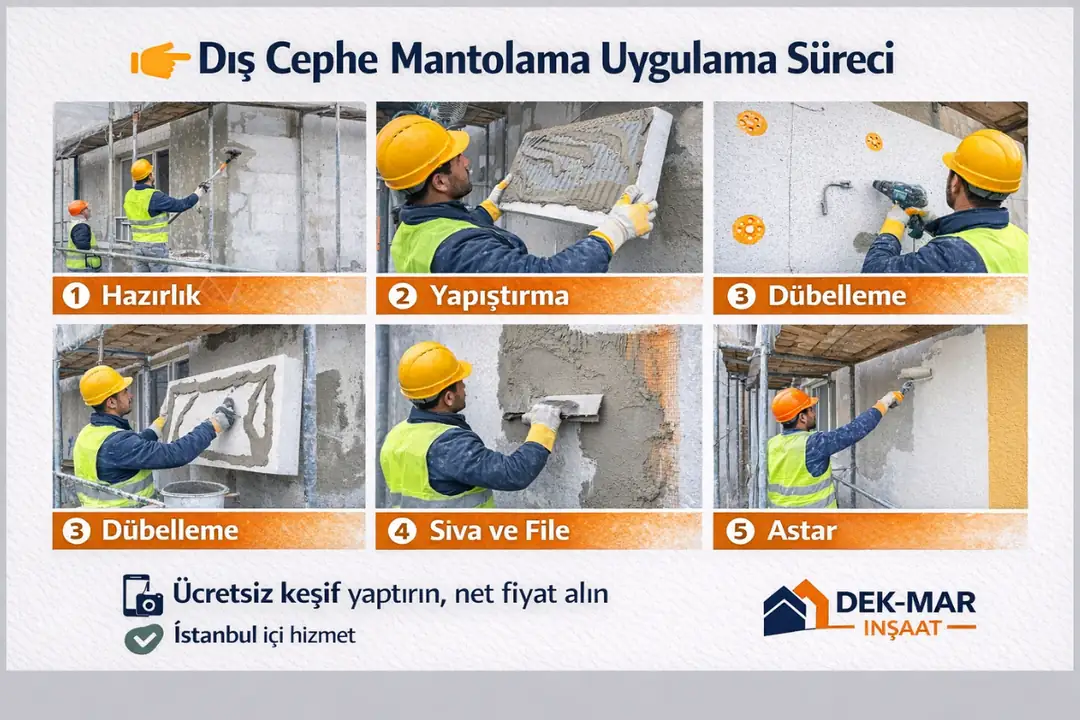 dış cephe mantolama uygulama süreci hazırlık yapıştırma dübelleme file sıva ve kaplama aşamaları