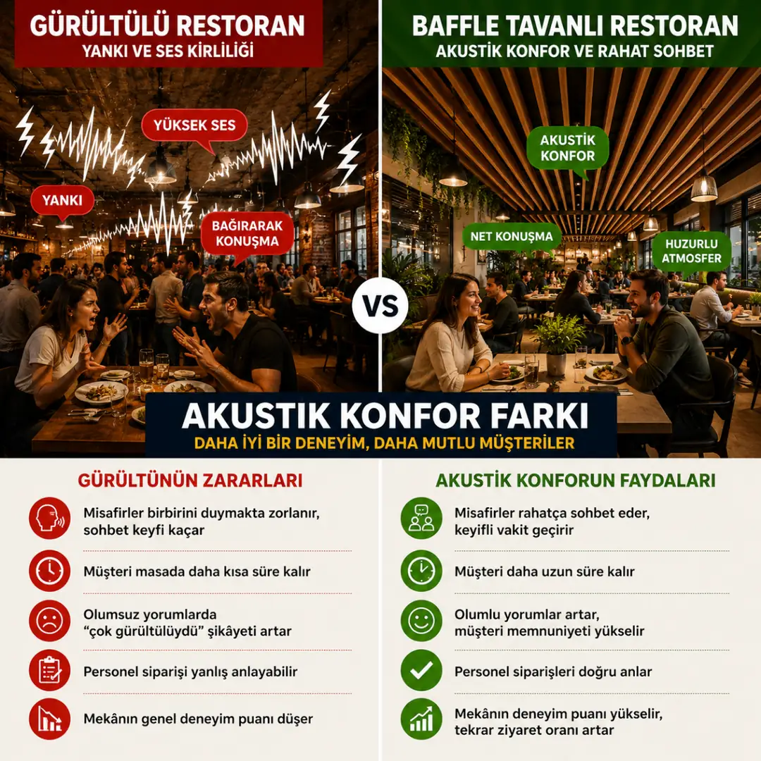 Restoranlarda yankı ve akustik problemini gösteren karşılaştırma&nbsp;