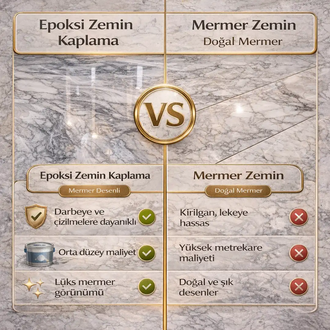 Epoksi zemin kaplama ile mermer zemin karşılaştırması dayanım maliyet ve estetik farkları&nbsp;