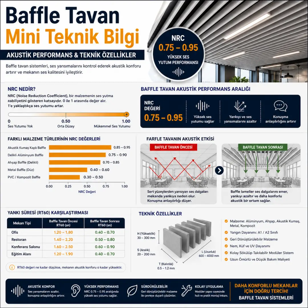 Baffle tavan akustik performans NRC değeri ses yutumu teknik açıklama&nbsp;