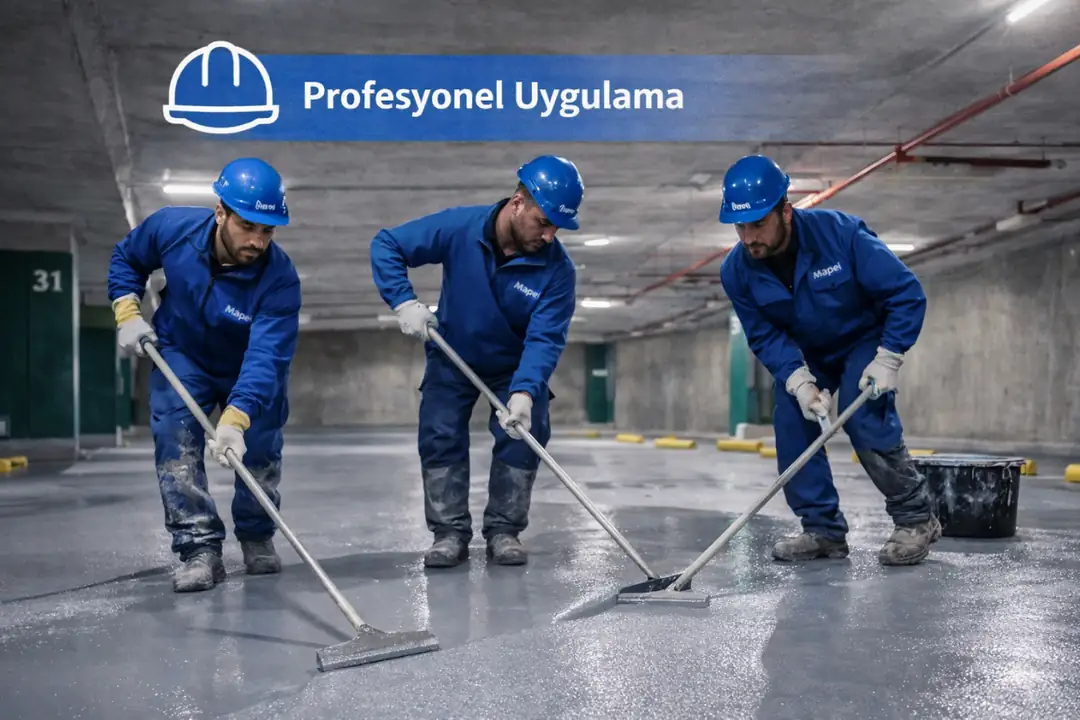 Profesyonel ekip tarafından kapalı otoparkta epoksi zemin kaplama uygulaması