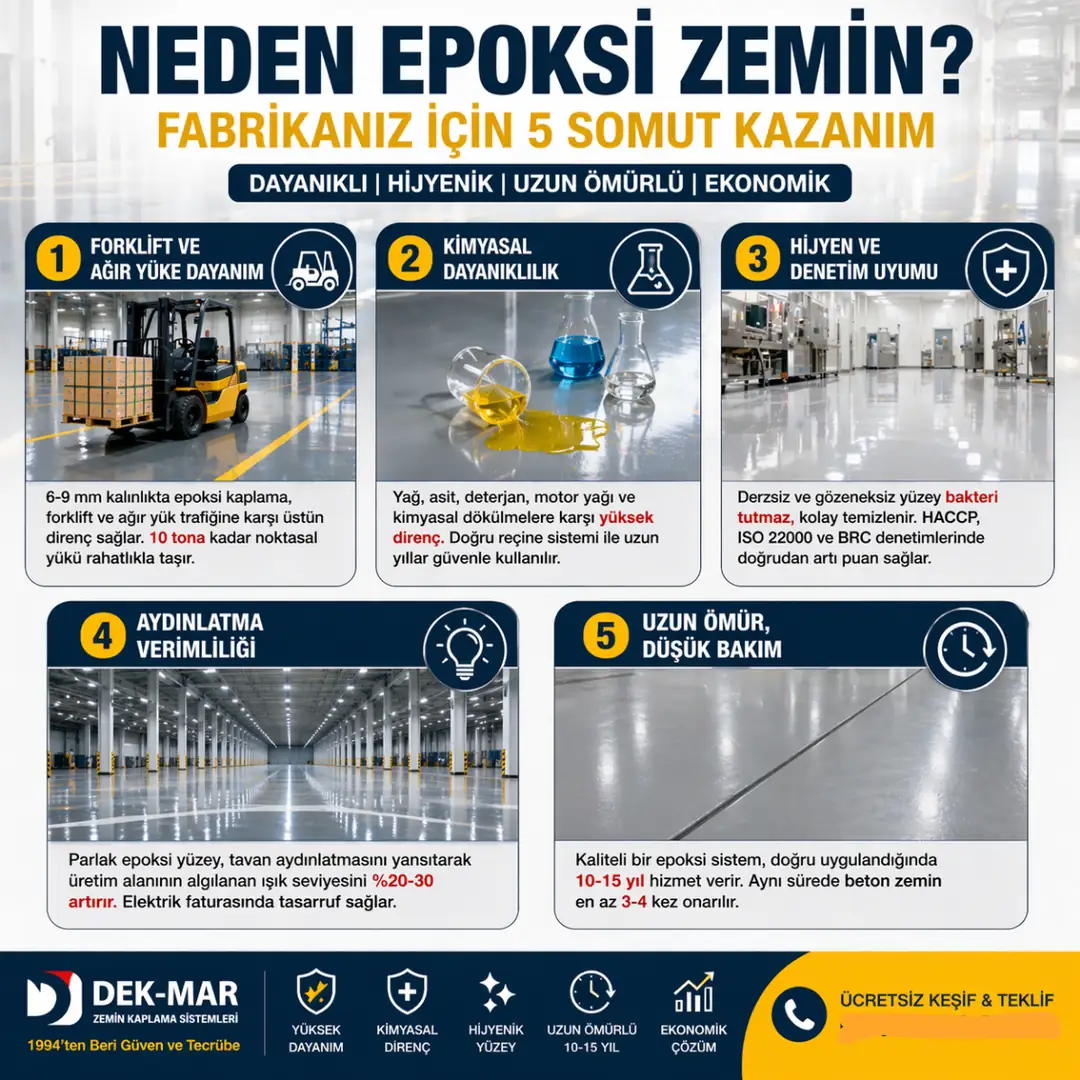 Fabrika ve depo için epoksi zemin kaplama avantajları ağır yüke dayanıklı kimyasal dirençli hijyenik ve uzun ömürlü yüzey
