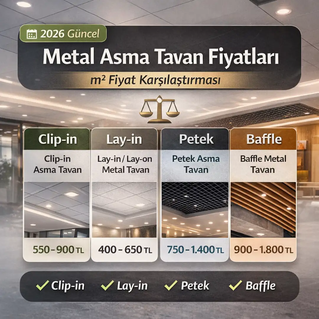 Metal asma tavan fiyat tablosu 2026, clip-in, lay-in, petek ve baffle sistem m2 fiyat karşılaştırması&nbsp;