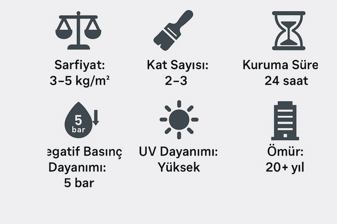 Beton dam izolasyonu teknik bilgileri – sarfiyat, kat sayısı, kuruma süresi ve dayanım değerleri.