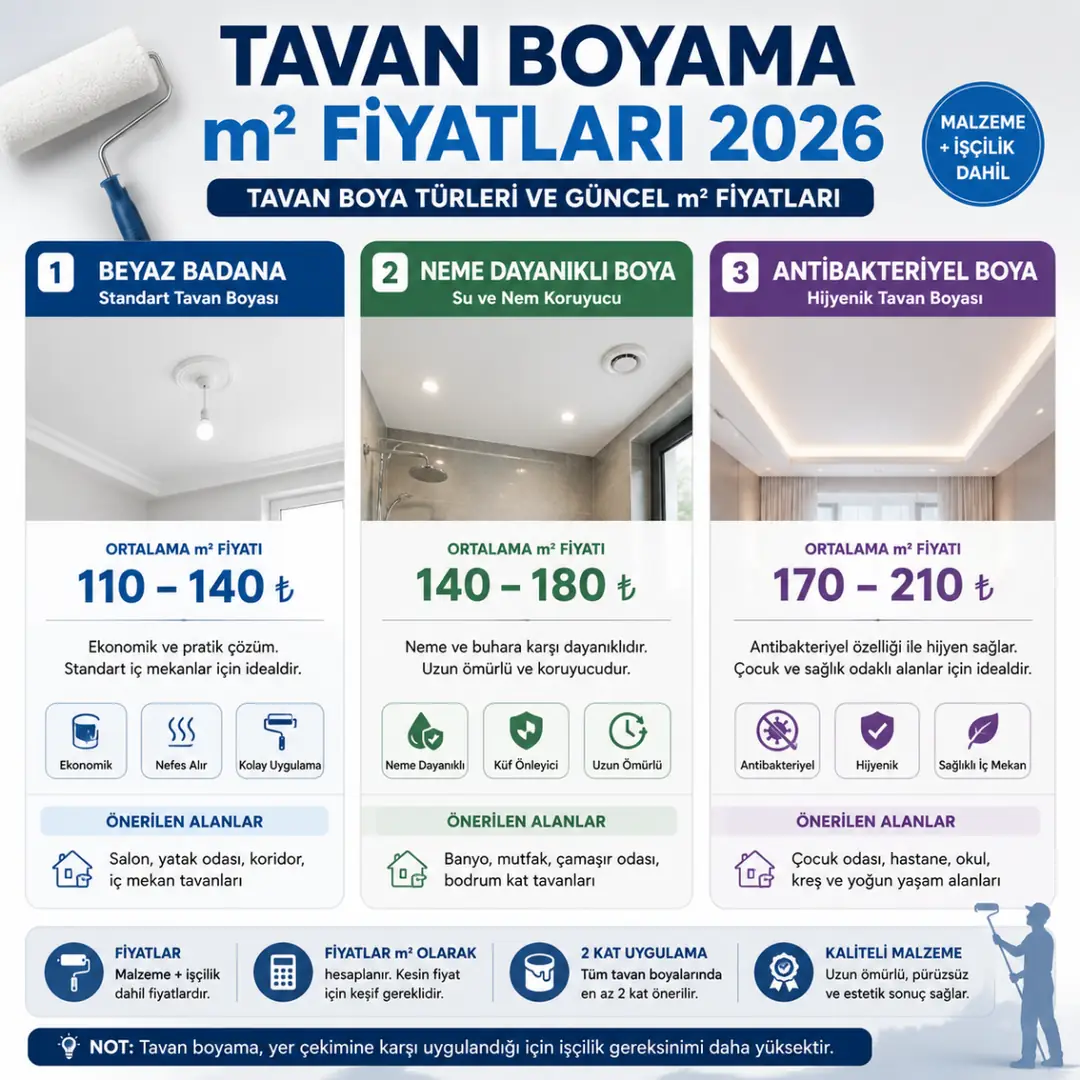 Tavan boyama türleri ve 2026 fiyat karşılaştırması