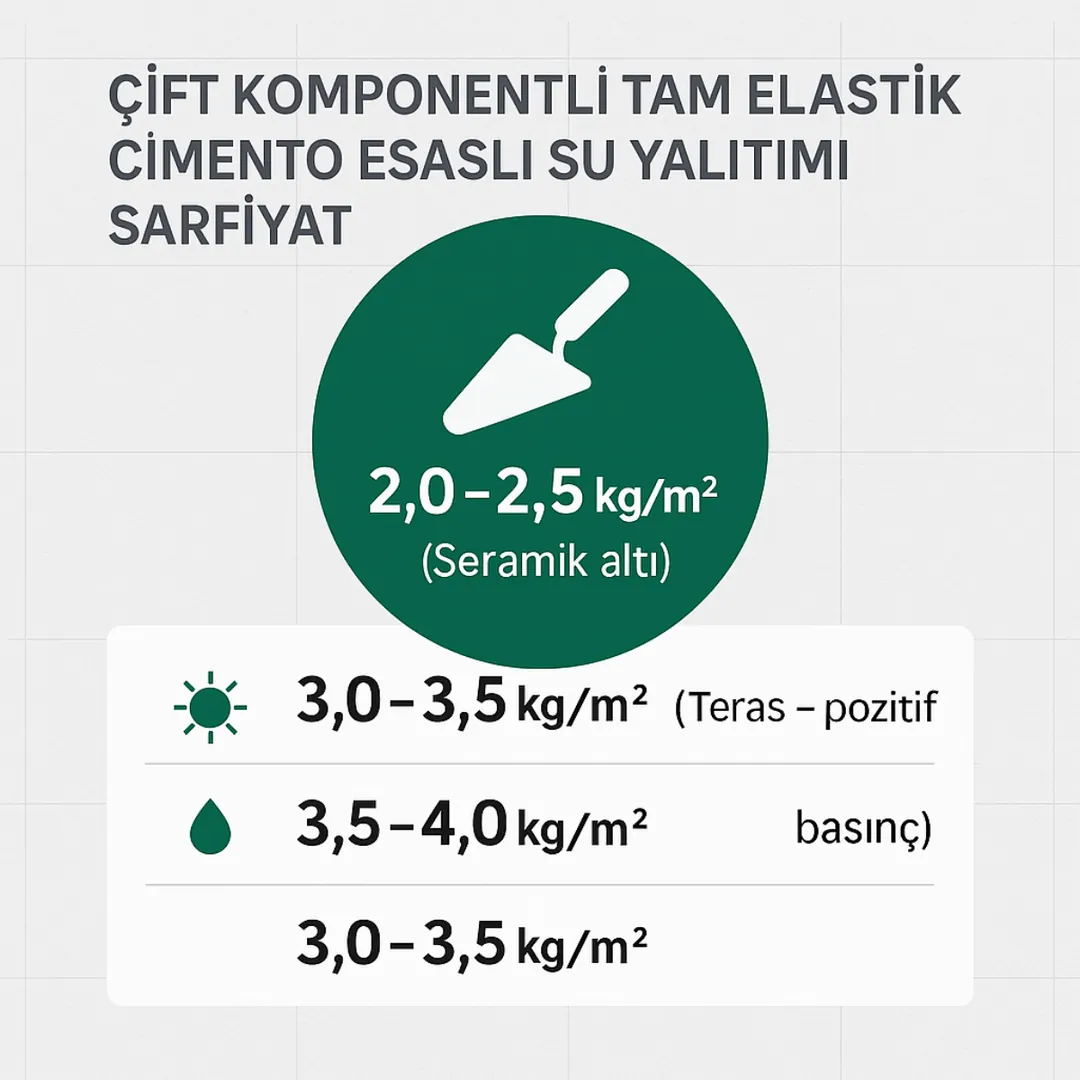 Çift komponentli tam elastik çimento esaslı su yalıtımı sarfiyat infografiği – pozitif ve negatif basınç değerleri – Dek-Mar