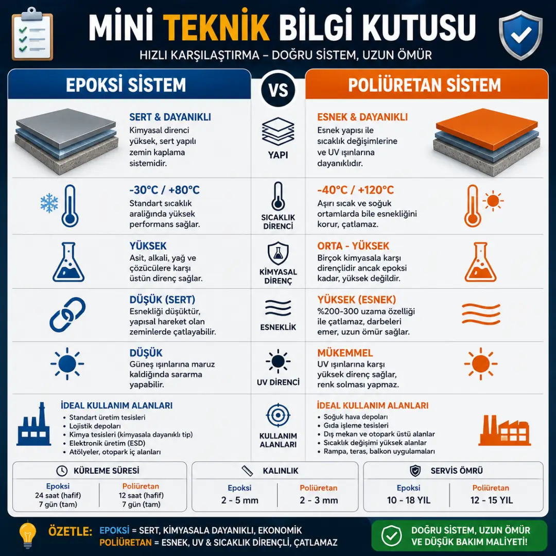 Epoksi ve poliüretan sistemlerin mini teknik özellik karşılaştırması&nbsp;