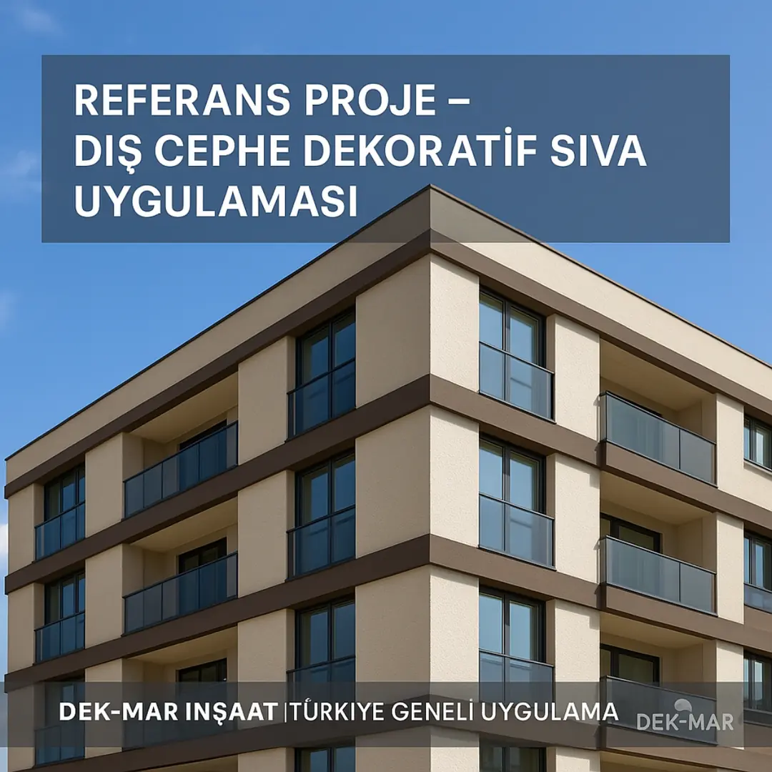 Dek-Mar İnşaat referans projesi – dış cephe dekoratif sıva uygulaması 2025 – silikonlu kaplama örneği. 