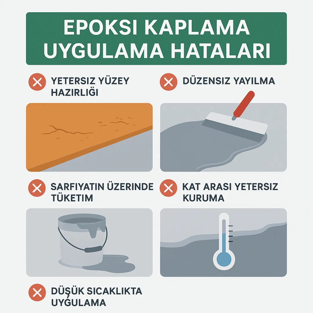 “Epoksi kaplama uygulama hataları – yüzey hazırlığı, düzensiz yayılma, yanlış tüketim, kat arası kuruma hataları ve düşük sıcaklık uygulama riskleri – Dek-Mar İnşaat 2025”