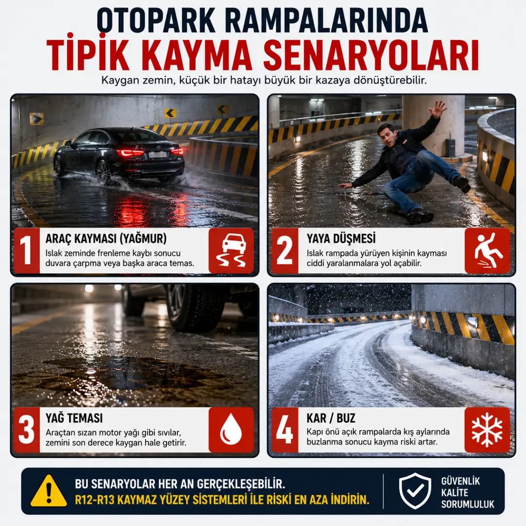 Otopark rampasında araç ve yaya kayma senaryoları&nbsp;