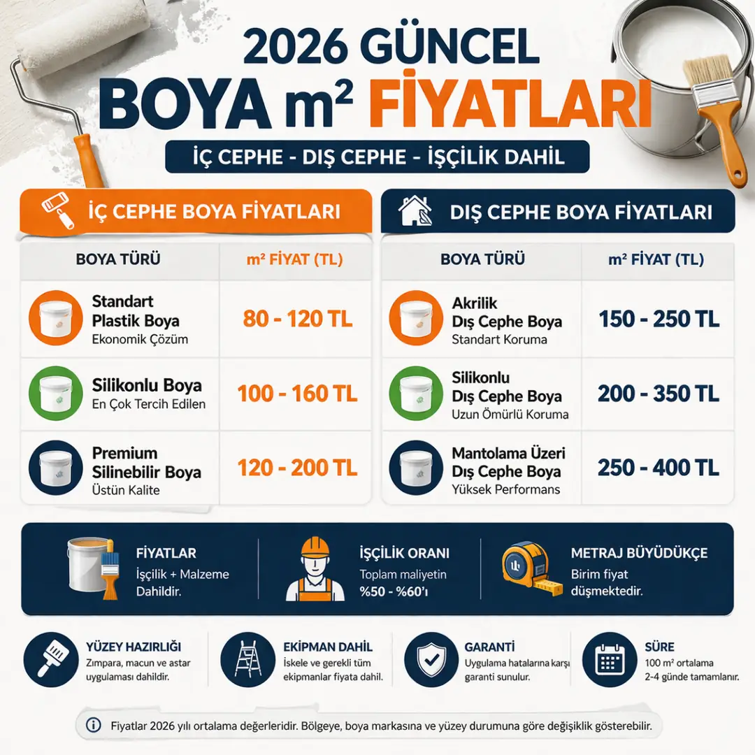 2026 boya metrekare fiyatları iç cephe ve dış cephe boya maliyetleri karşılaştırma tablosu&nbsp;