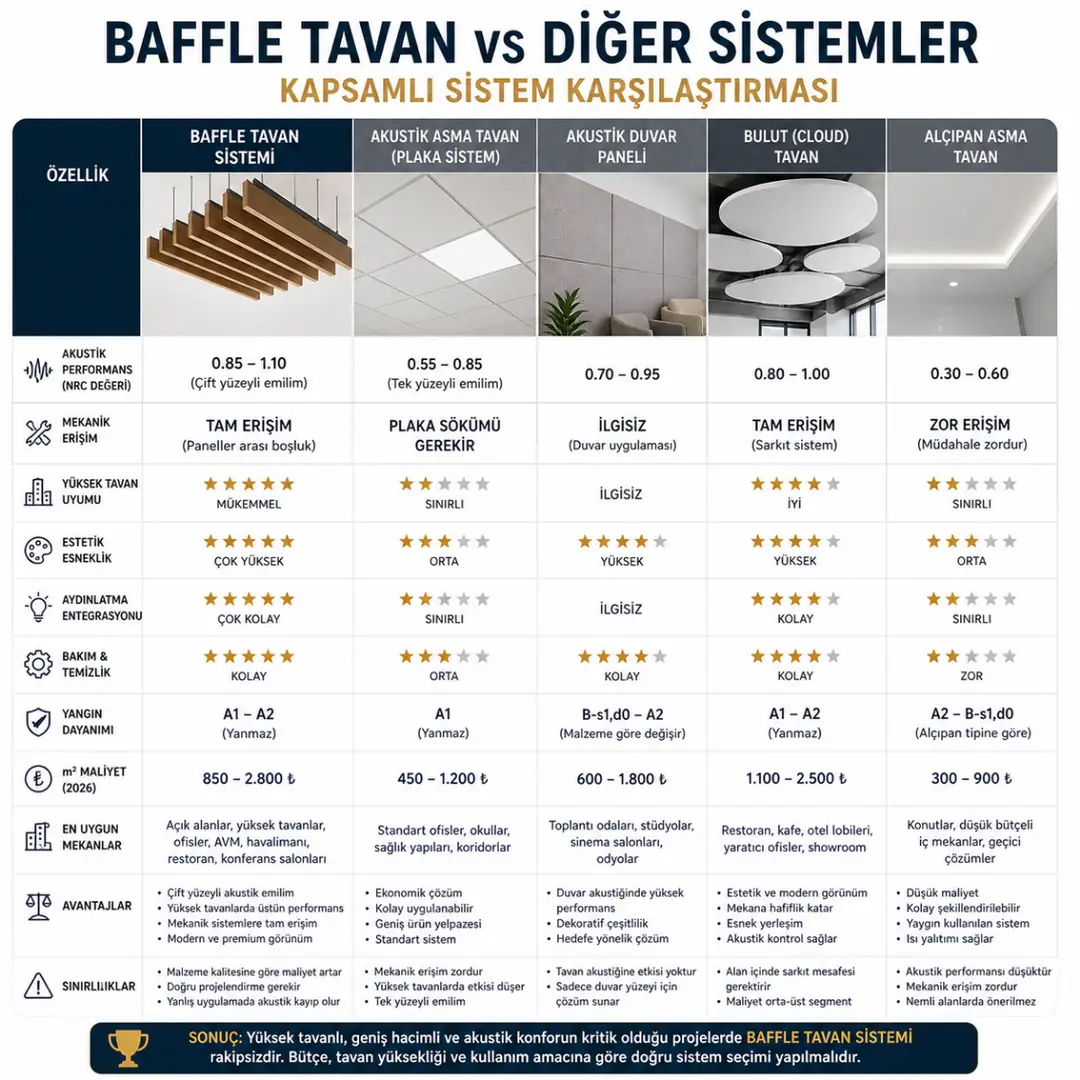 Baffle tavan ile akustik asma tavan ve diğer sistemlerin karşılaştırması&nbsp;