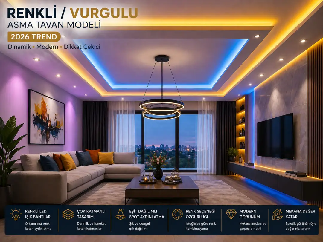 Renkli vurgulu asma tavan modeli antrasit modern salon tavan tasarımı
