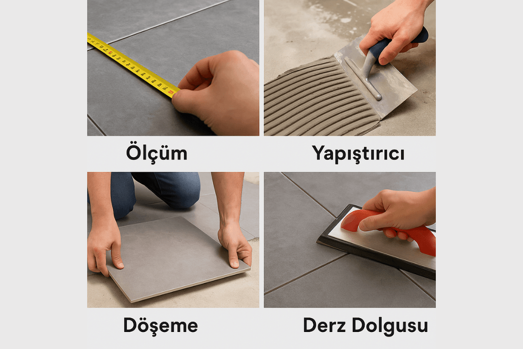 ayans döşeme uygulama aşamaları – ölçüm, yapıştırıcı, döşeme, derz dolgusu.