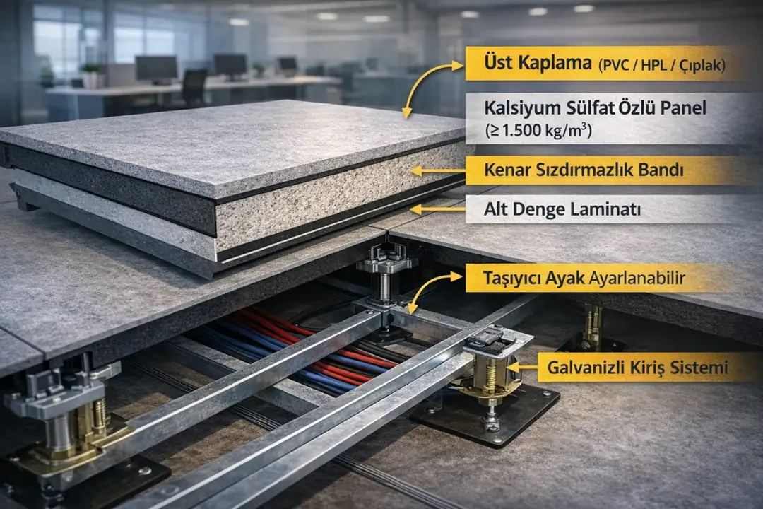 Kalsiyum sülfat özlü yükseltilmiş döşeme panel kesiti ve taşıyıcı sistem&nbsp;