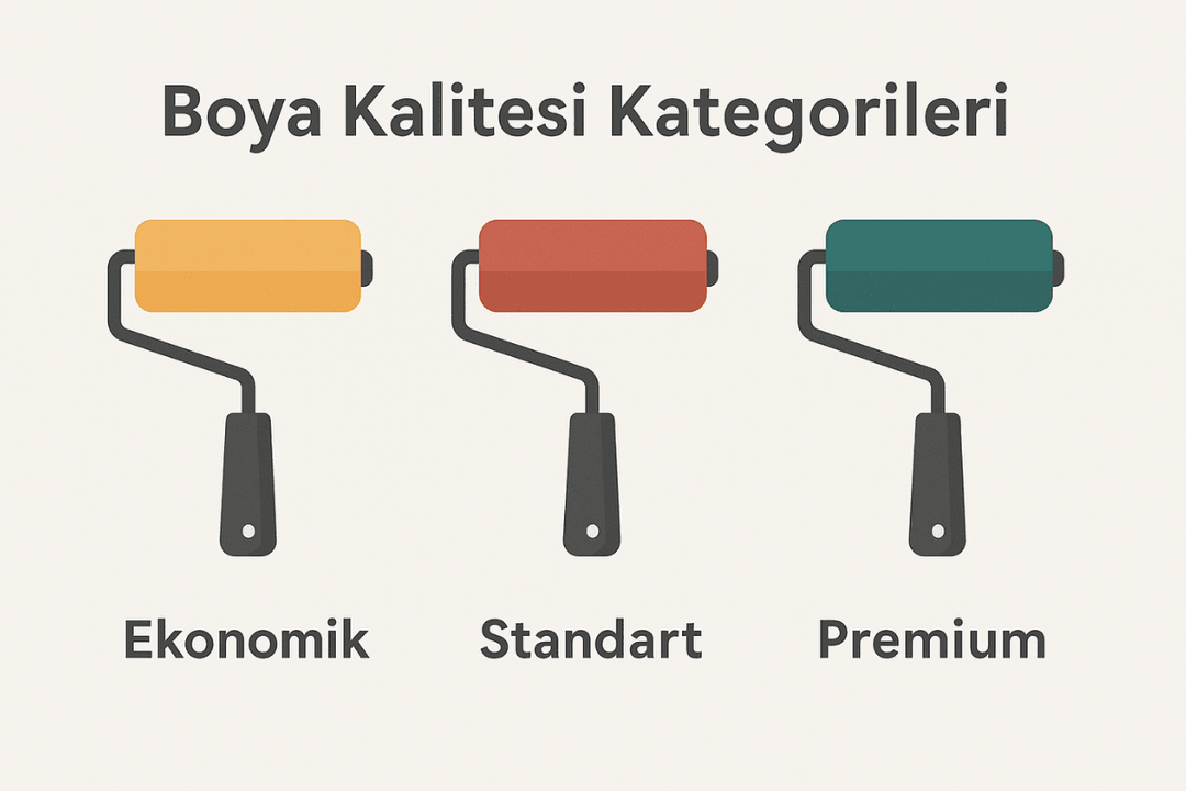 Ev boyama işlemlerinde ekonomik, standart ve premium boya kalitesi kategorilerini gösteren konsept görsel, fiyat bilgisi içermez. 