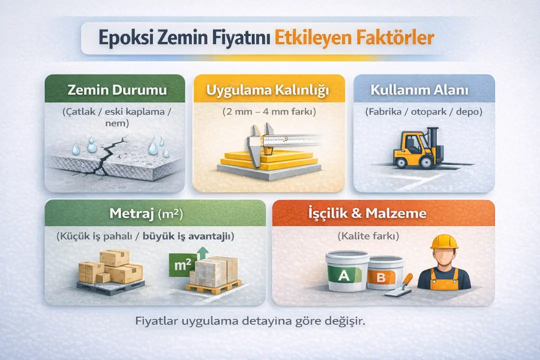 Epoksi zemin kaplama fiyatını etkileyen faktörler zemin durumu kalınlık işçilik ve kullanım alanı