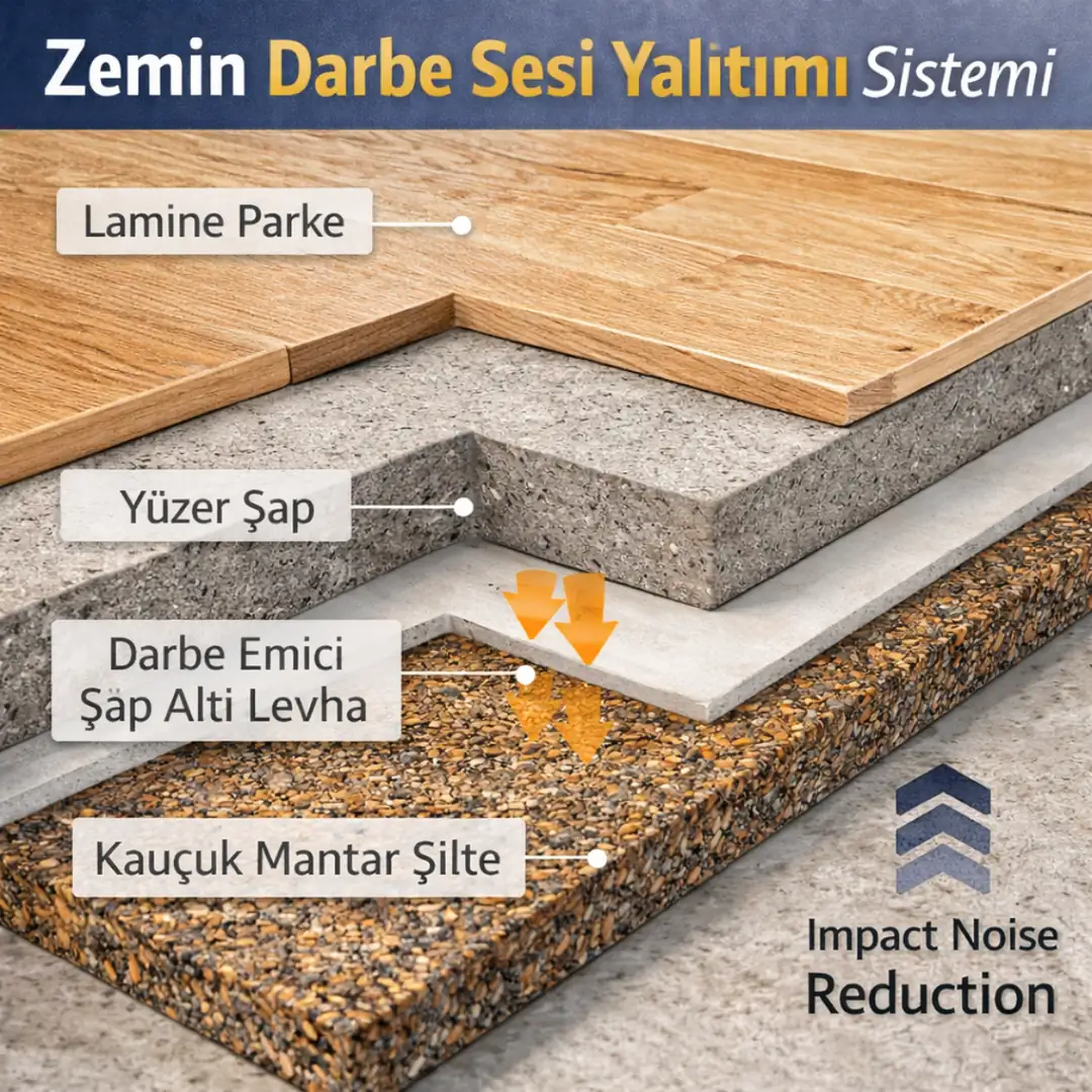Kauçuk şilte ve yüzer şap katmanlı apartman zemin darbe sesi yalıtım sistemi