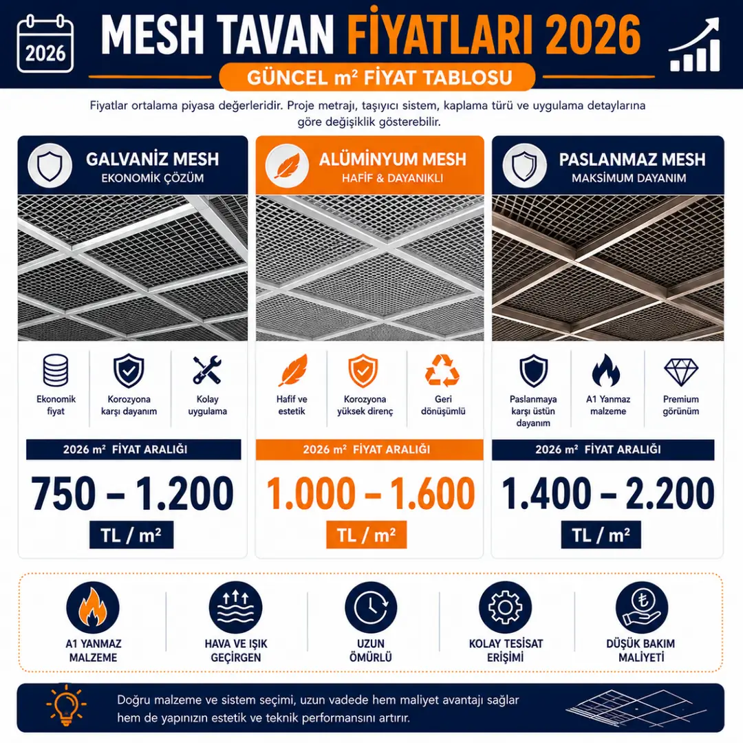 2026 yılı galvaniz, alüminyum ve paslanmaz mesh tavan sistemlerinin metrekare fiyat karşılaştırma tablosu
